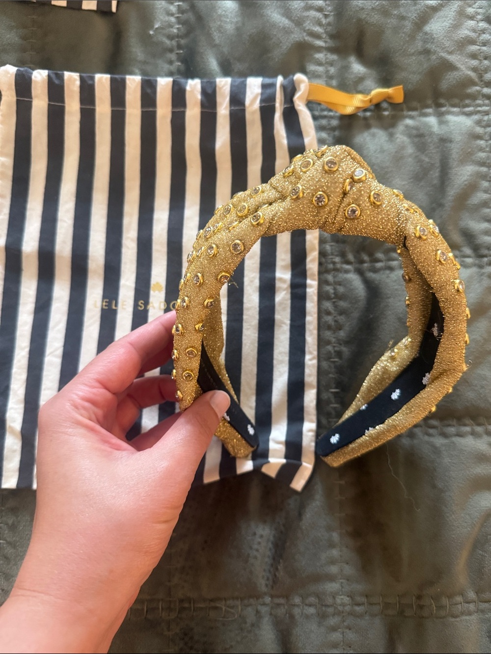 Lele Sadoughi Gold Beaded Knot Headband with Stud Embellishments